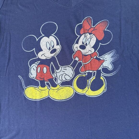 Disney Womens Large Blue Short Sleeve Mickey Minnie Mouse Graphic V Neck Tee - Picture 8 of 8